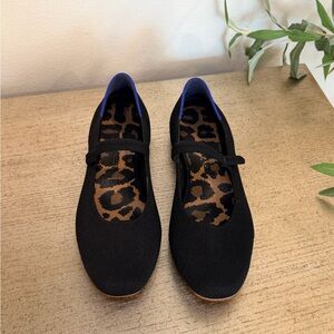 Rothy’s Black Knit Mary Jane Flats with Leopard Insole